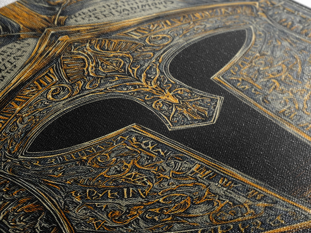 Ornate Spartan Helmet Detail with Inscriptions – Canvas Gold Art for Wall, Classical Armor Canvas Art, Greek Warrior Decor