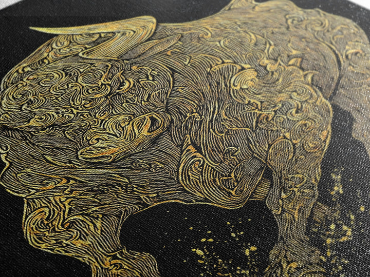 Ornate Bull Canvas Gold Canvas Print, Framed Canvas Wall Art with Real Wood Frame, Decorative Swirl Pattern Animal Gallery Decor