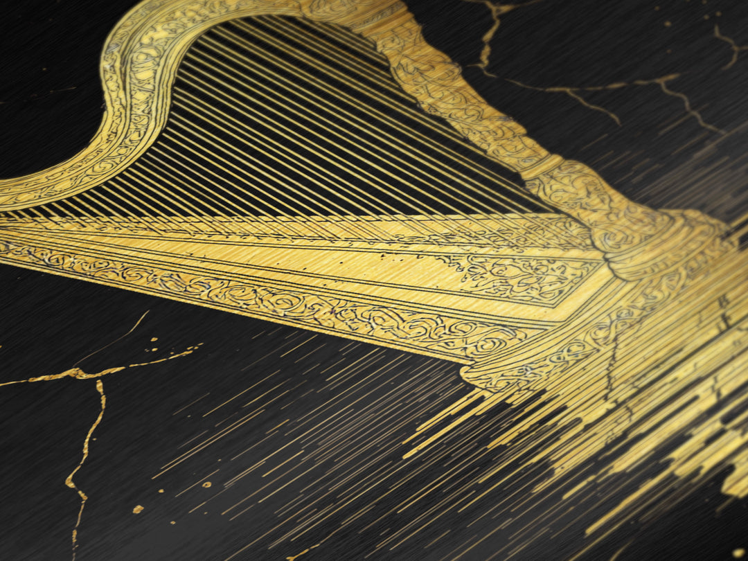 Golden Harp Metallic Gold Metal Print, Framed Metal Wall Art with Real Wood Frame, Black and Gold Classical Instrument Decor