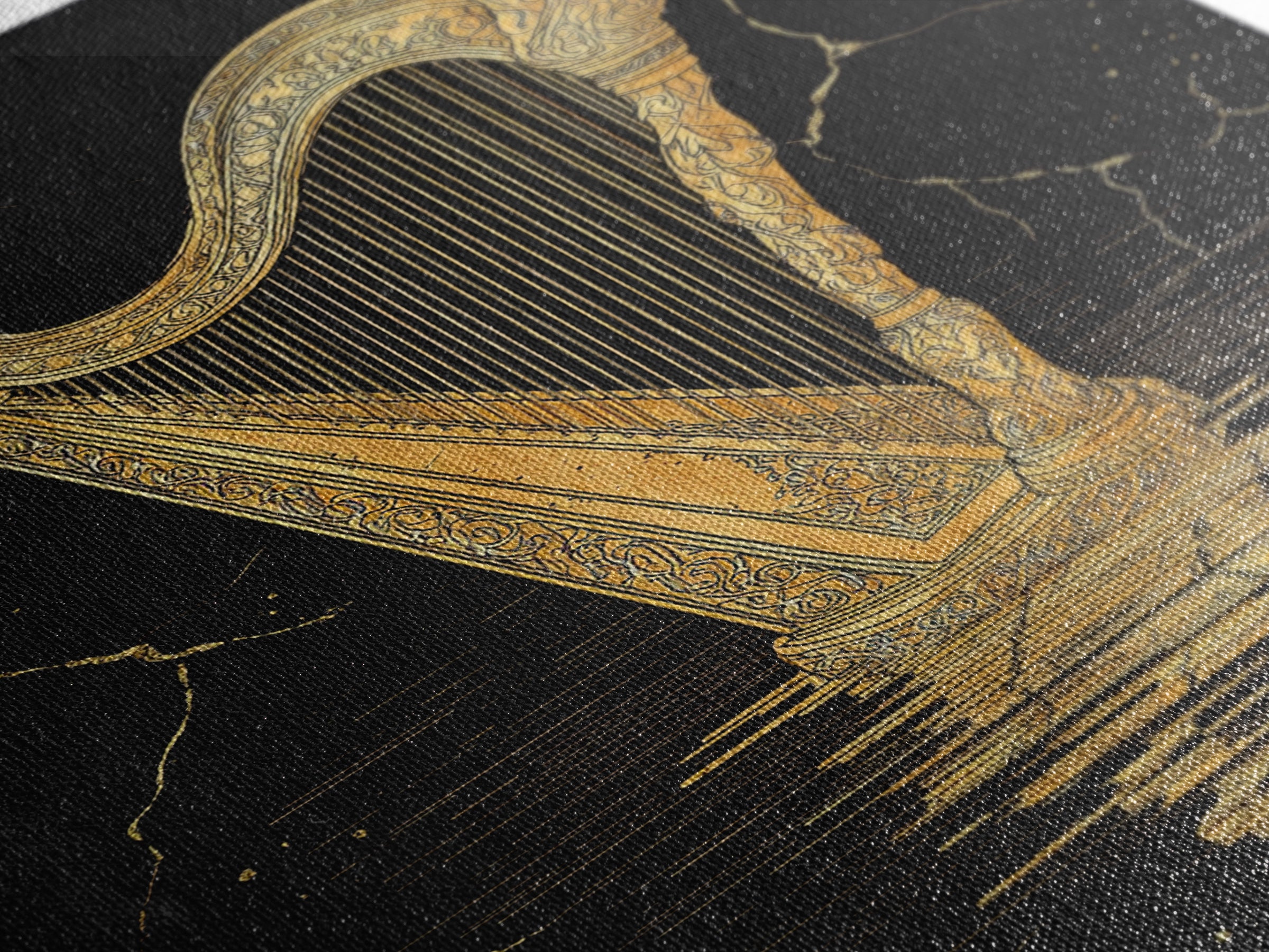 Golden Harp Canvas Gold Canvas Print, Framed Canvas Wall Art with Real Wood Frame, Black and Gold Classical Instrument Decor