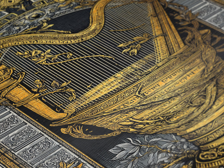 Ornate Harp Metallic Gold Art, Framed Metal Wall Art with Real Wood Frame, Black and Gold Botanical Classical Music Wall Decor