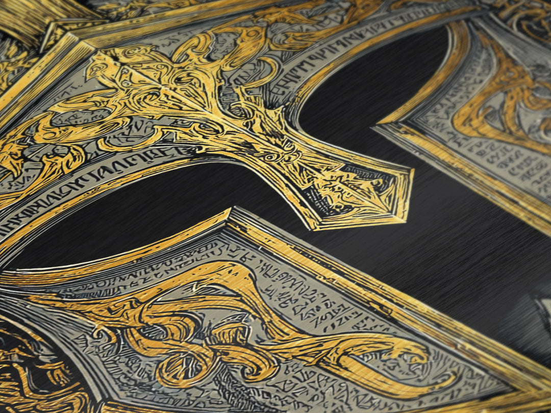 Floral-Engraved Spartan Helmet in Gold – Metallic Gold Art, Antique Armor Metal Art, Greek Warrior Wall Sculpture Print