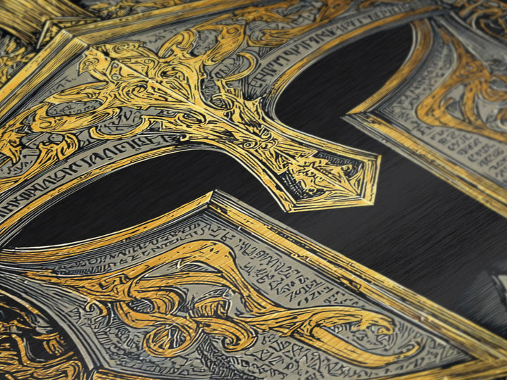 Floral-Engraved Spartan Helmet in Gold – Metallic Gold Art, Antique Armor Metal Art, Greek Warrior Wall Sculpture Print