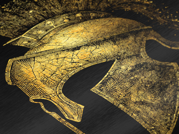 Spartan Helmet Metallic Gold Metal Print, Framed Metal Wall Art with Real Wood Frame, Black and Gold Greek Warrior Decor