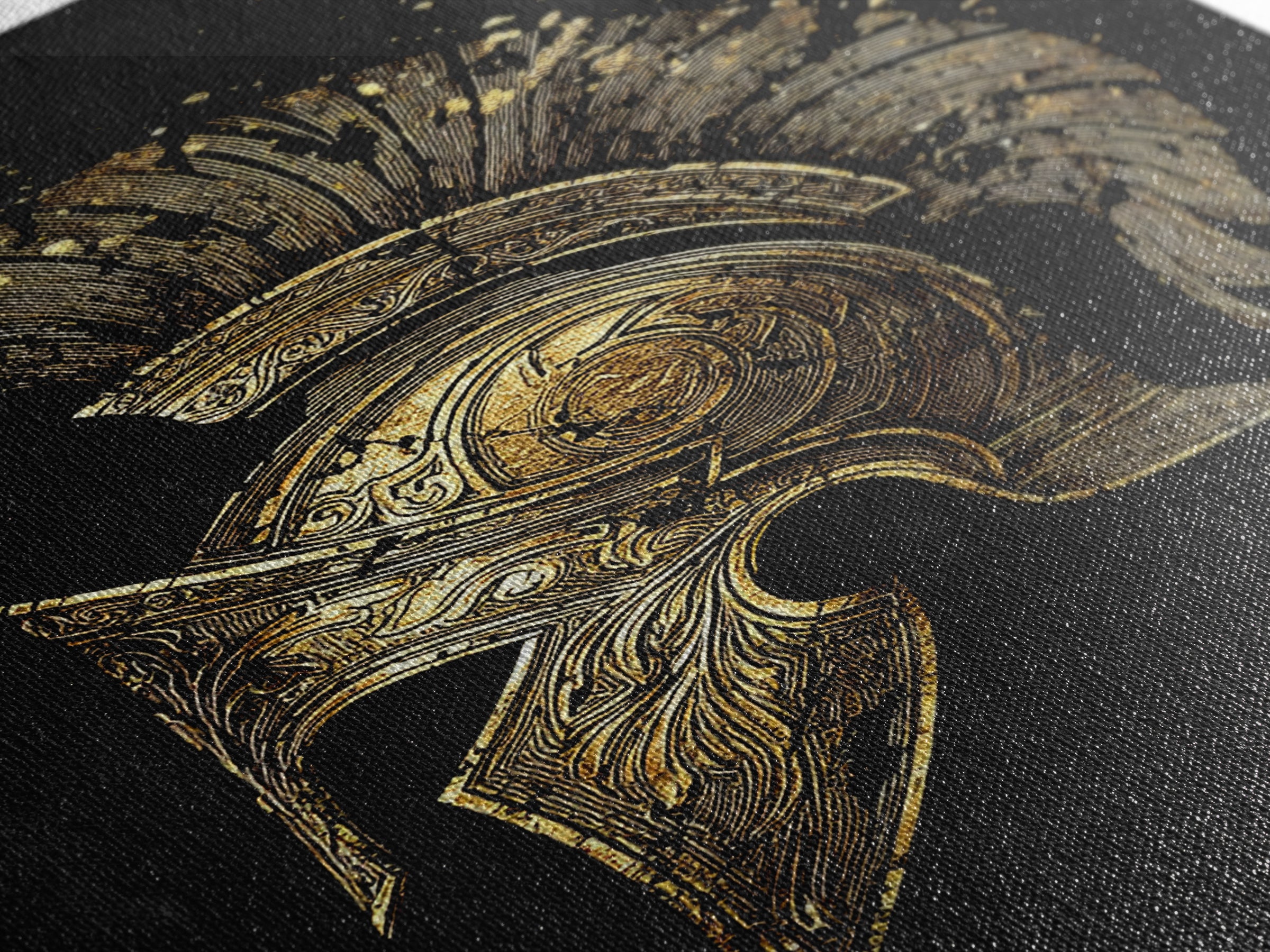 Spartan Helmet Canvas Gold Canvas Print – Ancient Warrior Art on Premium Canvas with Real Wood Frame – Greek History Wall Decor