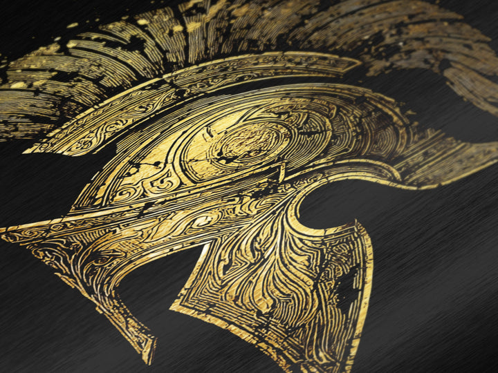 Spartan Helmet Metallic Gold Metal Print – Ancient Warrior Art on Premium Metal with Real Wood Frame – Greek History Wall Decor
