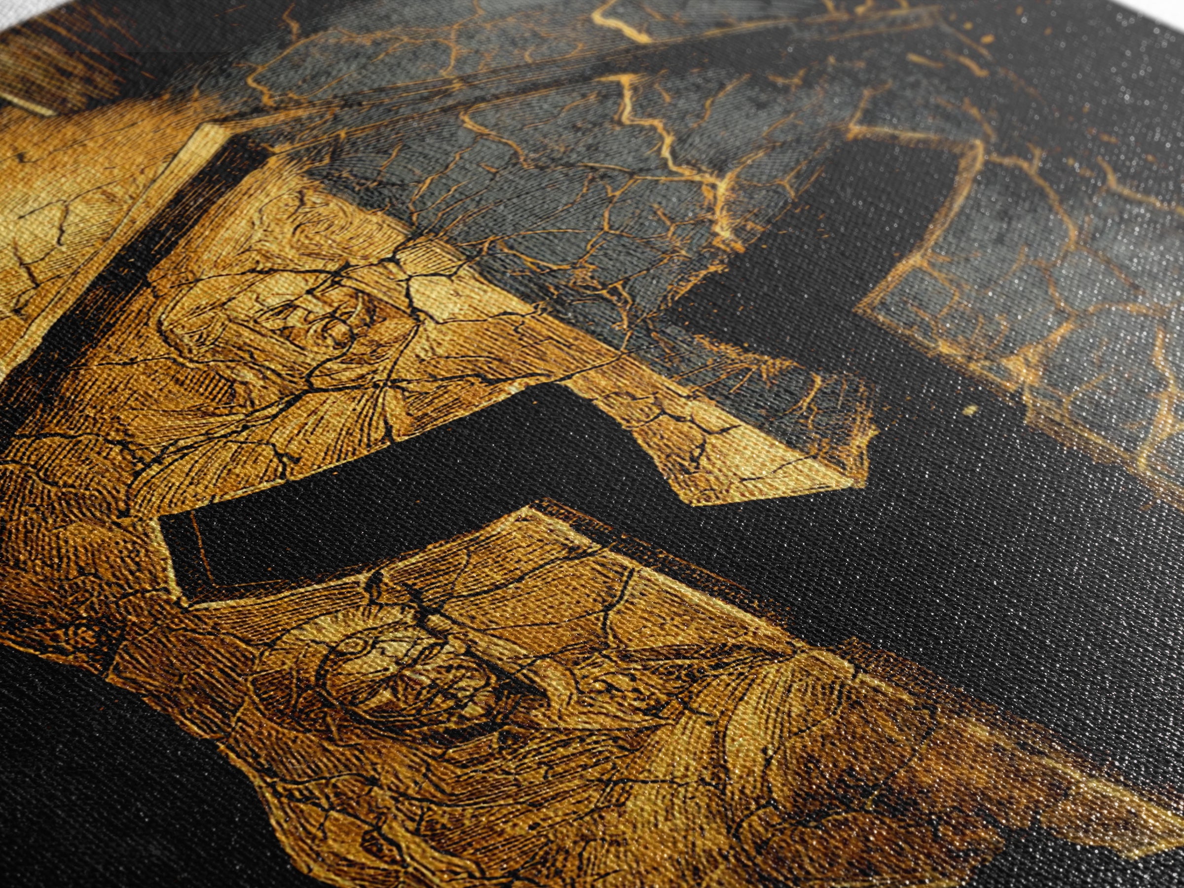 Cracked Warrior Helmet Canvas Gold Art – Ancient Greek Sparta Wall Canvas Print with Real Wood Frame – Bold Home Decor