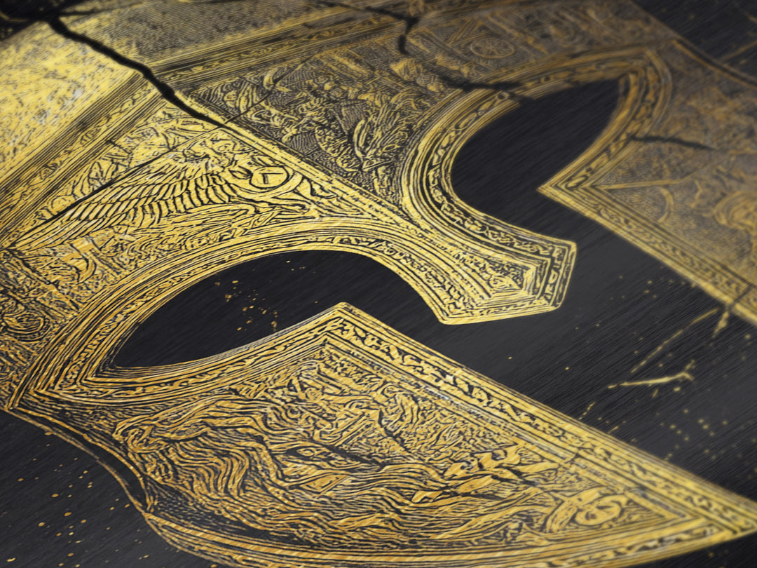 Detailed Spartan Helmet Metallic Gold Metal Print – Engraved Greek History Art with Real Wood Frame – Warrior Wall Decor