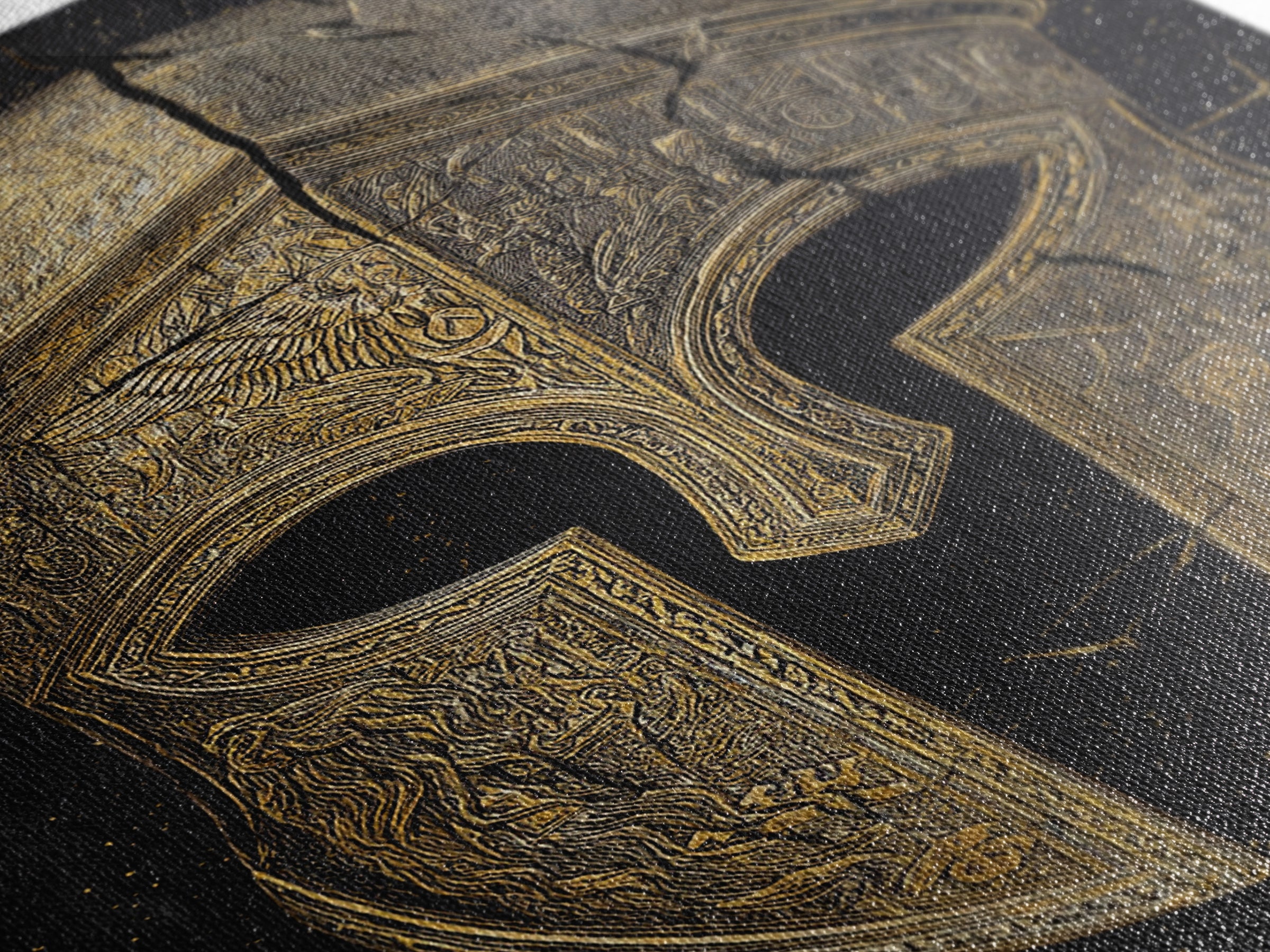 Detailed Spartan Helmet Canvas Gold Canvas Print – Engraved Greek History Art with Real Wood Frame – Warrior Wall Decor