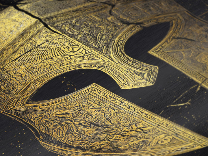 Detailed Spartan Helmet Metallic Gold Metal Print – Engraved Greek History Art with Real Wood Frame – Warrior Wall Decor