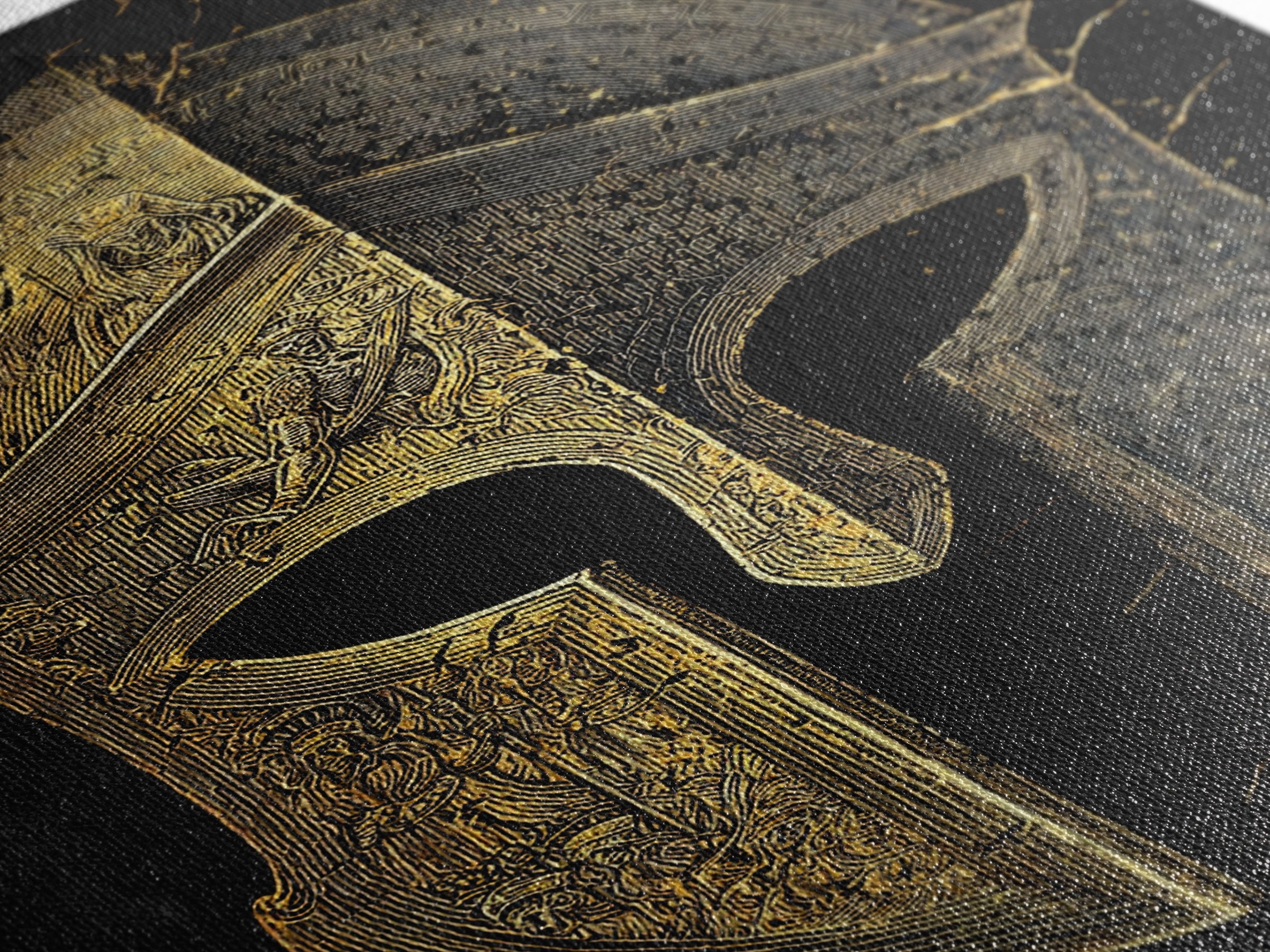Historic Greek Helmet Canvas Gold Art – Ancient Battle Warrior Wall Canvas Print with Real Wood Frame – Museum Quality Decor