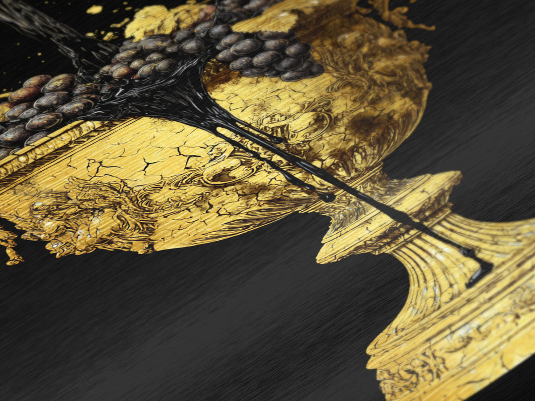 Luxurious Golden Chalice Metallic Gold Metal Print – Grapes & Wine Still Life Wall Art with Real Wood Frame – Elegant Kitchen Decor