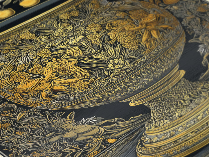 Ornate Golden Vase Metallic Gold Art – Greek Mythology & Nature Scene Wall Metal Print with Real Wood Frame – Classic Decor