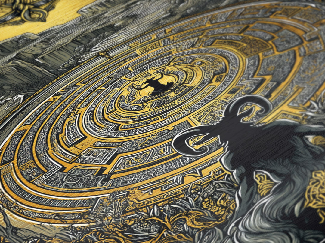 Labyrinth Minotaur Fantasy Scene Metallic Gold Metal Print with Real Wood Frame – Mythology Inspired Wall Art