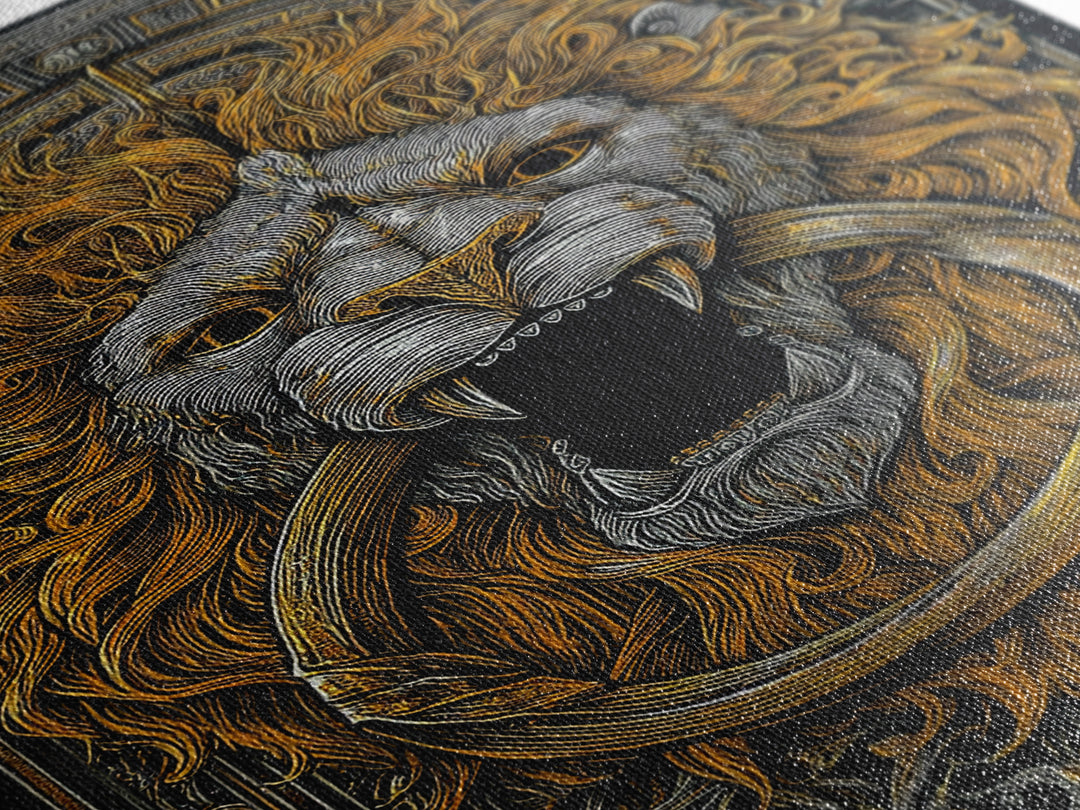 Ornate Lion Door Knocker Canvas Gold Canvas Print with Real Wood Frame – Luxury Victorian Style Wall Decor