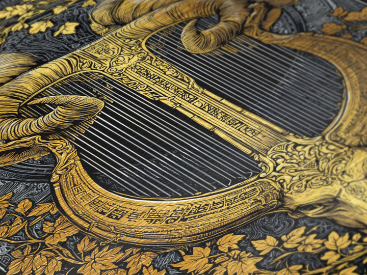 Ram Horn Lyre Metallic Gold Metal Print with Real Wood Frame – Mythic Musical Instrument Wall Decor