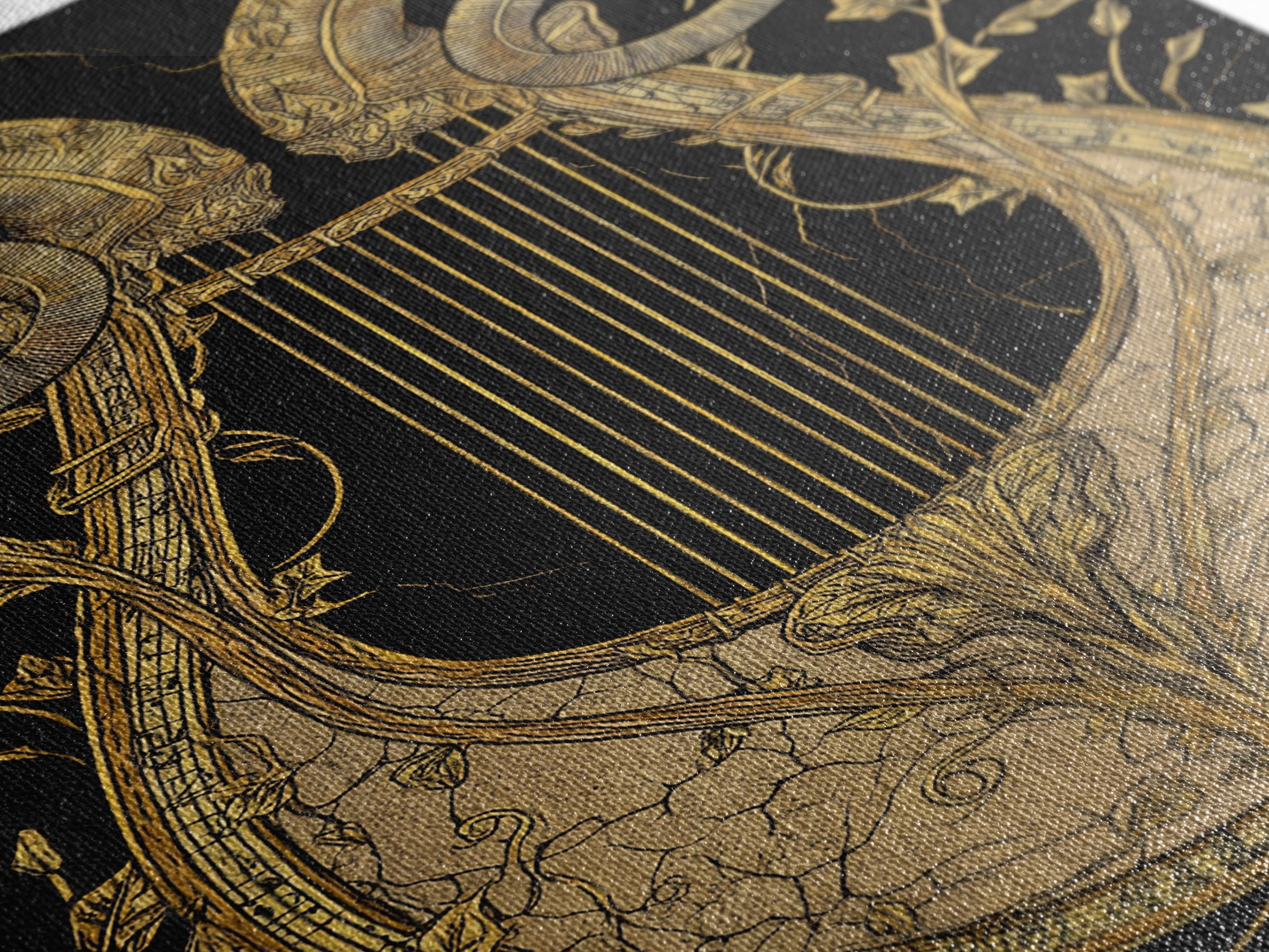 Ancient Ram Horn Lyre Canvas Gold Art Print with Real Wood Frame – Classical Mythology Inspired Wall Art