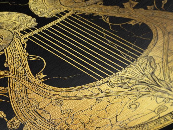 Ancient Ram Horn Lyre Metallic Gold Art Print with Real Wood Frame – Classical Mythology Inspired Wall Art