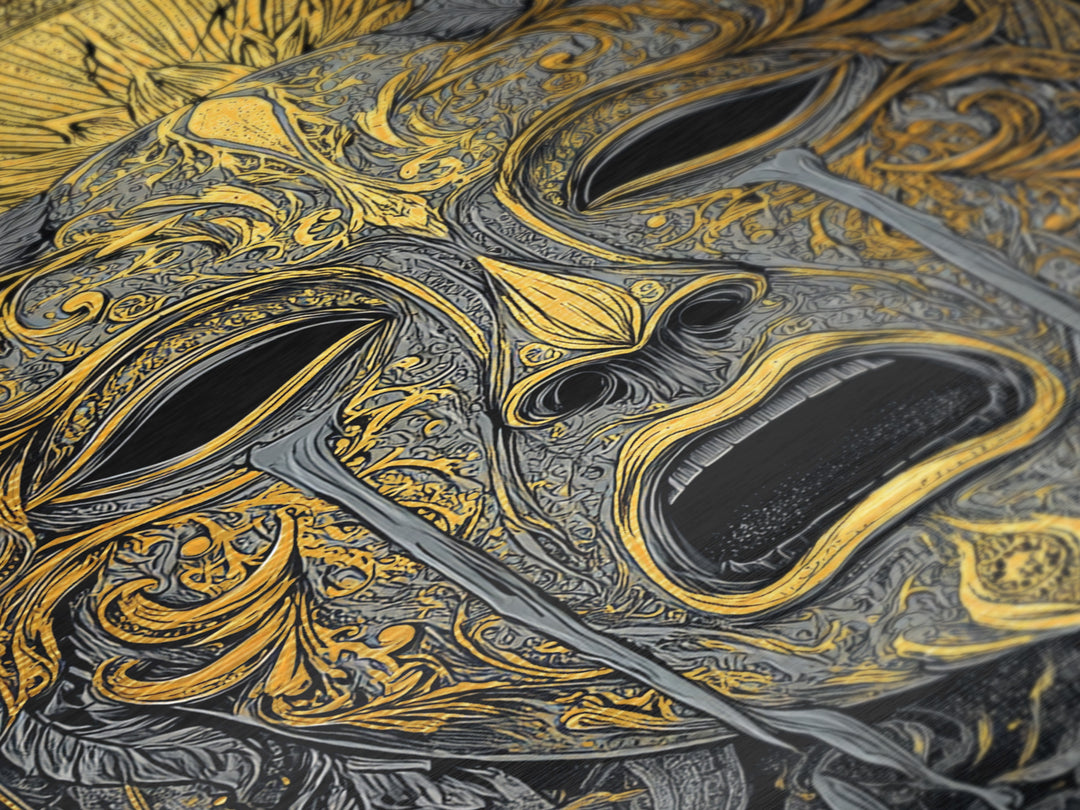 Crying Ornate Mask Metallic Gold Metal Print with Real Wood Frame – Dramatic Theatrical Inspired Wall Art