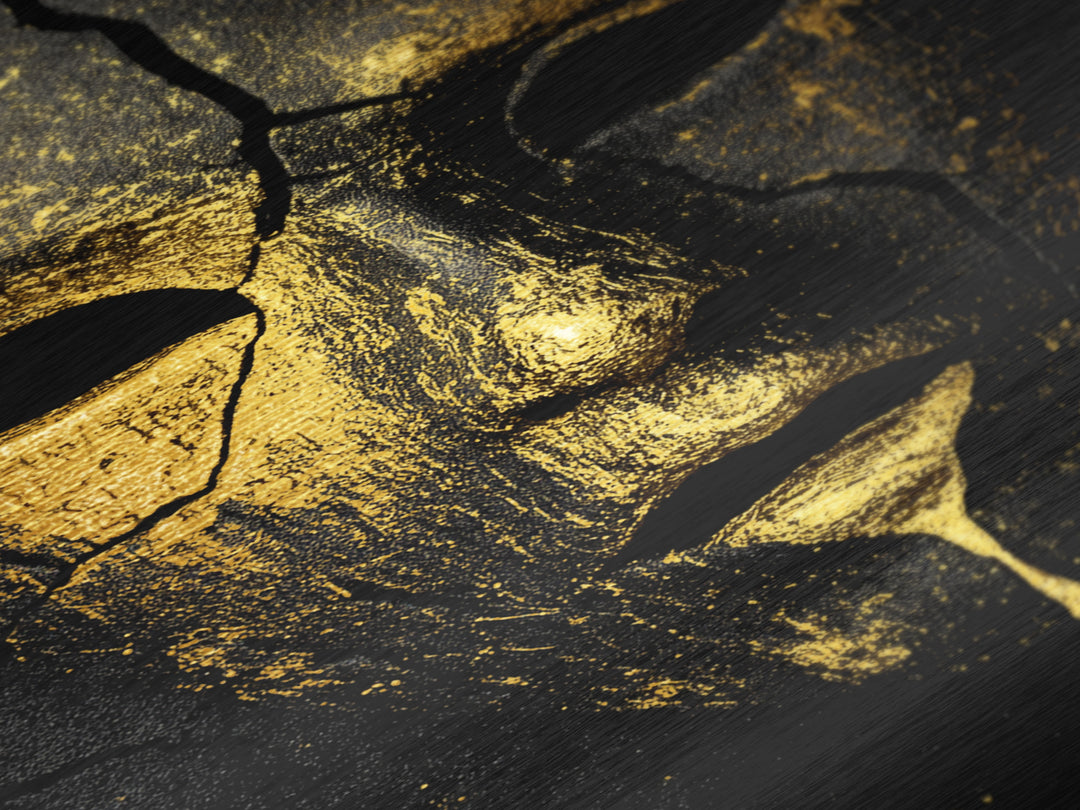 Cracked Gold Mask Metallic Gold Metal Print with Real Wood Frame – Dark Dramatic Statement Wall Art