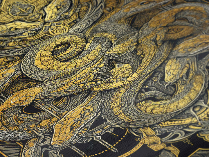 The Serpent Conclave – A Tangled Reign of Golden Scales, Metal Art, Metallic Gold Print, Metal Wall Art, Man Cave Decor