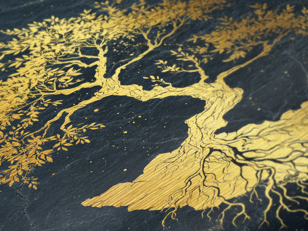 The Gilded Bonsai – Roots Anchored in Stone and Time, Metal Art, Metallic Gold Print, Metal Wall Art, Man Cave Decor