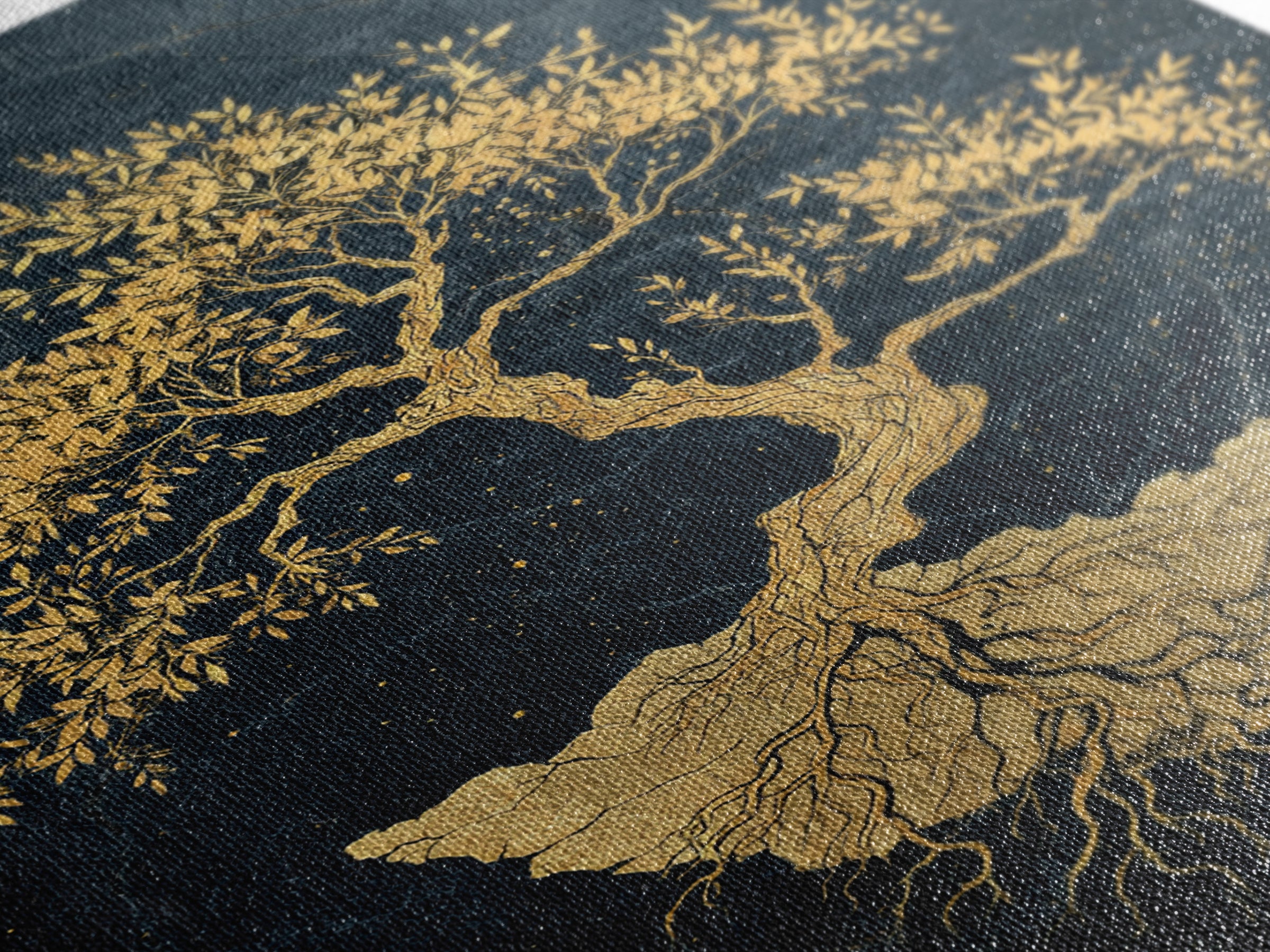 The Gilded Bonsai – Roots Anchored in Stone and Time, Canvas Art, Canvas Gold Print, Canvas Wall Art, Man Cave Decor