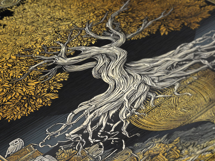 Yggdrasil’s Chalice – The Eternal Tree of Knowledge and Life, Metal Art, Metallic Gold Print, Metal Wall Art, Man Cave Decor