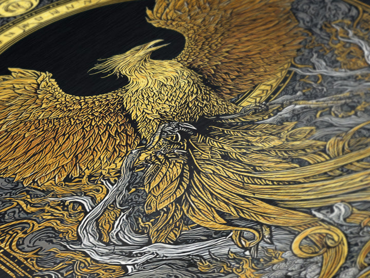 Phoenix Ascendant – Flames and Feathers of Rebirth, Metal Art, Metallic Gold Print, Metal Wall Art, Man Cave Decor