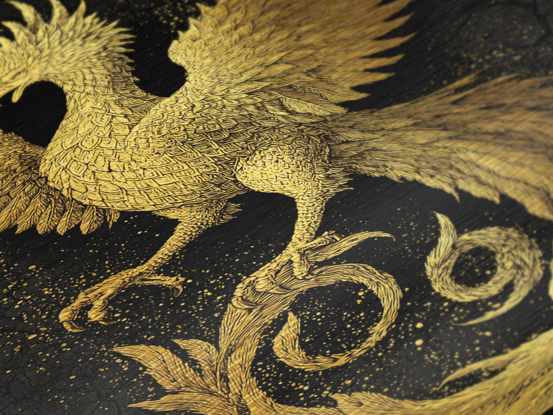 Golden Phoenix in Flight – A Herald of Renewal, Metal Art, Metallic Gold Print, Metal Wall Art, Man Cave Decor