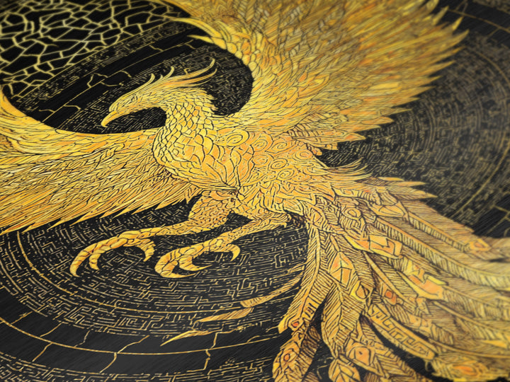 The Radiant Phoenix – Wings of Sunfire and Immortality, Metal Art, Metallic Gold Print, Metal Wall Art, Man Cave Decor