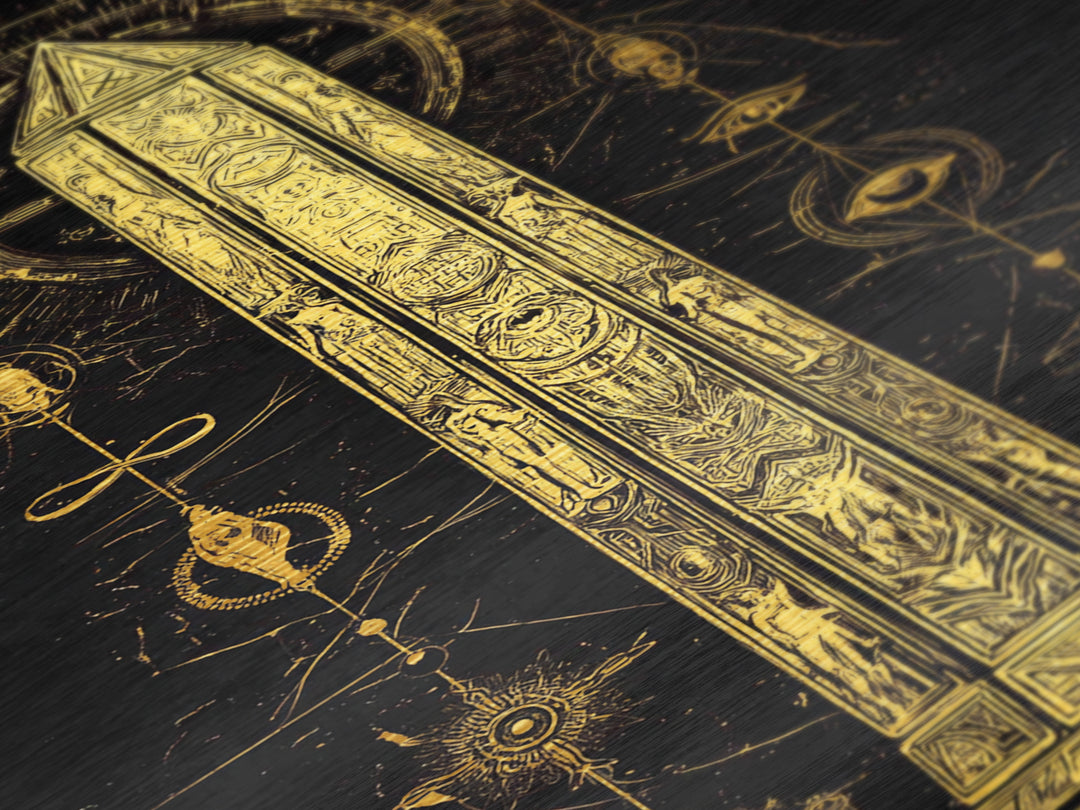 The Obelisk of Secrets – Symbols of the Eternal Order, Metal Art, Metallic Gold Print, Metal Wall Art, Man Cave Decor