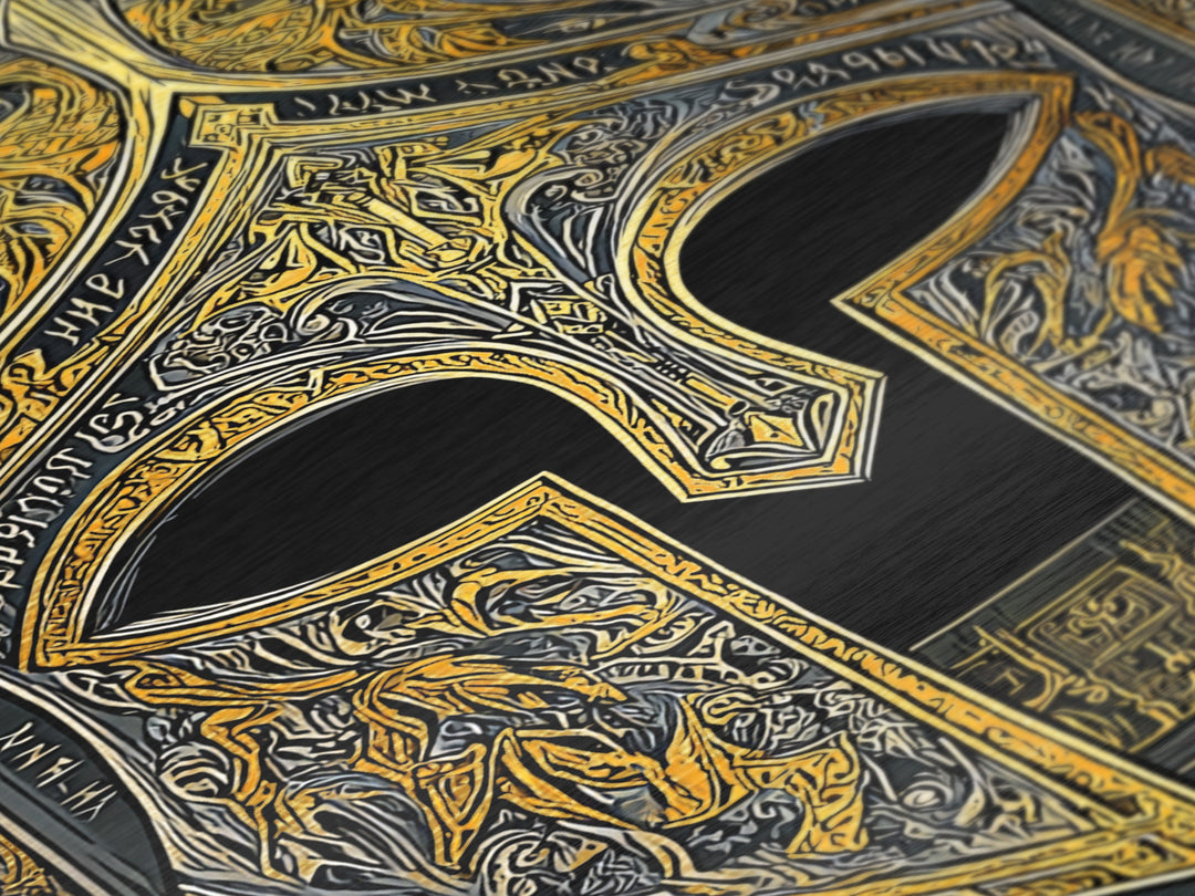 Fiery Engraved Spartan Helmet Wall Print – Metallic Gold Art, Lavish Historical Helmet Metal Art, Classic War Decor