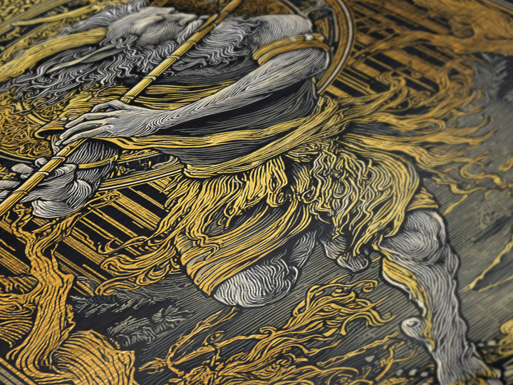 Pan’s Lament – The Wild God’s Song Through the Golden Grove, Metal Art, Metallic Gold Print, Metal Wall Art, Man Cave Decor