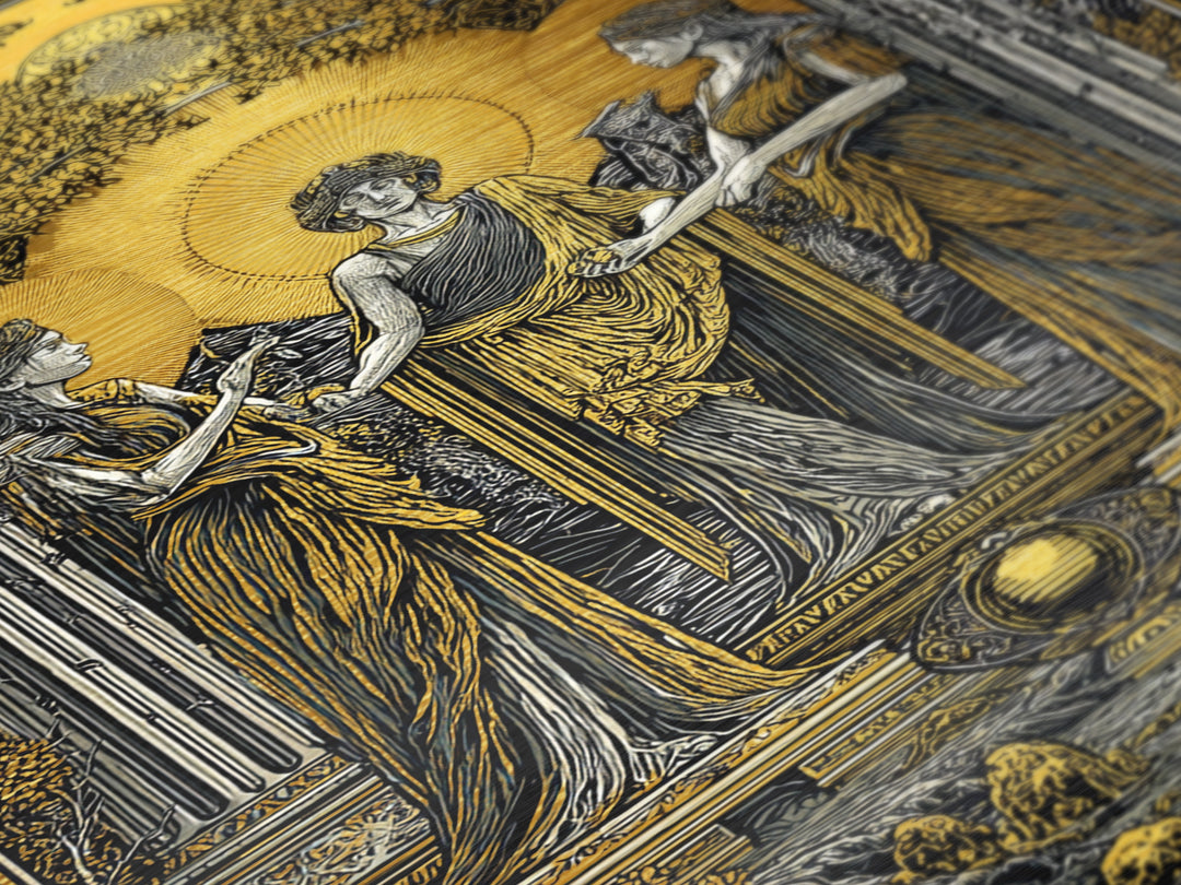 Greek Goddesses in Golden Garden – Metallic Gold Metal Print – Classical Mythology Wall Art with Real Wood Frame