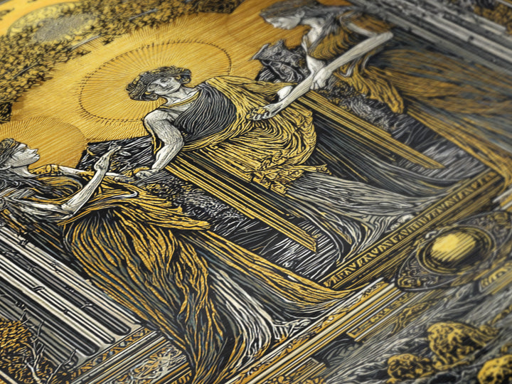 Greek Goddesses in Golden Garden – Metallic Gold Metal Print – Classical Mythology Wall Art with Real Wood Frame