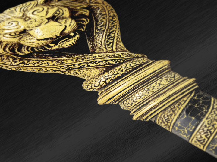 Lion and Serpent Staff Head – Metallic Gold Metal Print – Ancient Weapon Design Art with Real Wood Frame for Bold Wall Decor