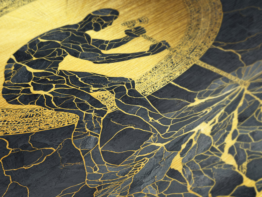 Man with Sword and Sun – Metallic Gold Metal Print – Heroic Mythology Wall Art with Real Wood Frame for Powerful Home Accent
