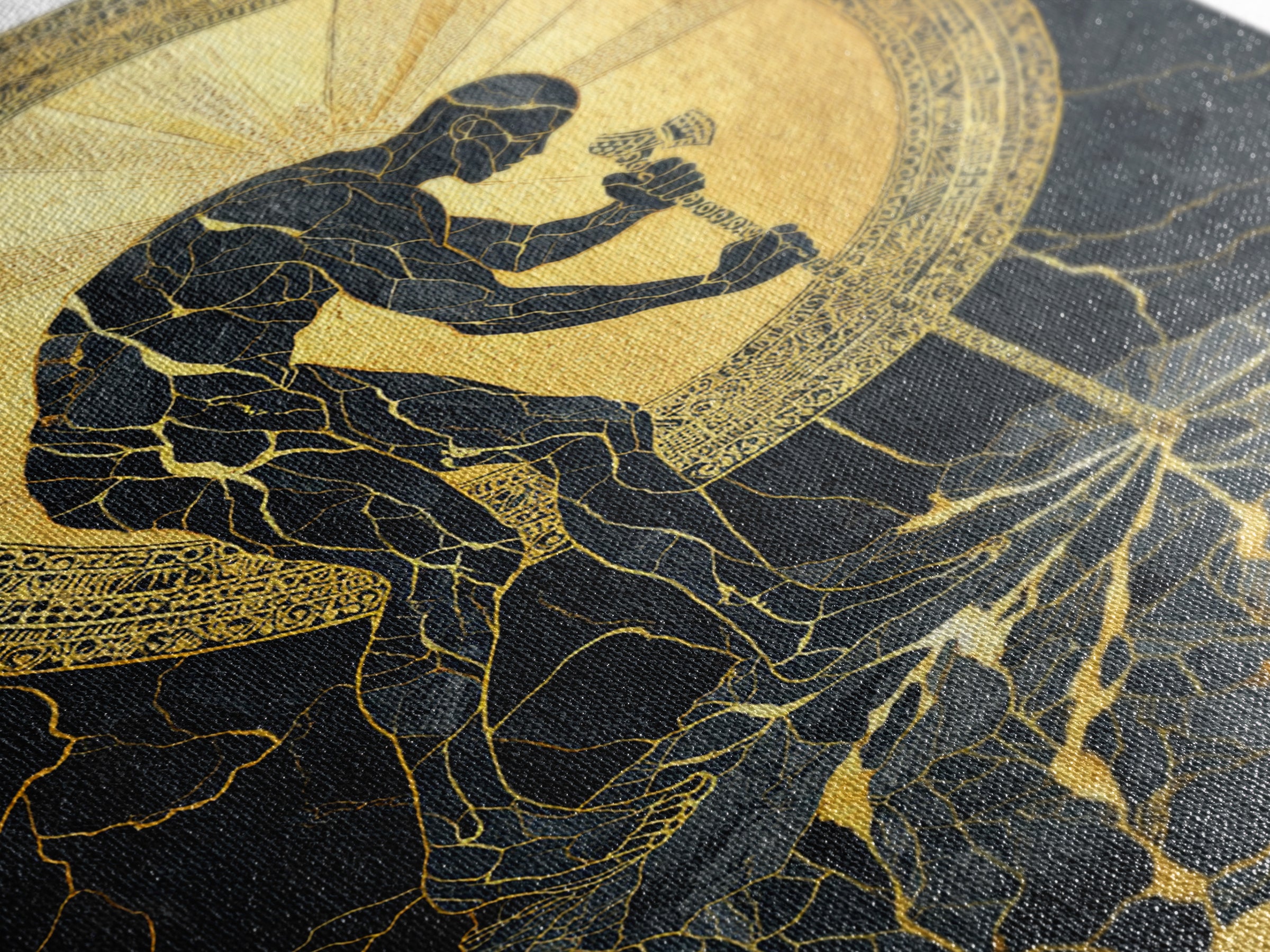 Man with Sword and Sun – Canvas Gold Canvas Print – Heroic Mythology Wall Art with Real Wood Frame for Powerful Home Accent