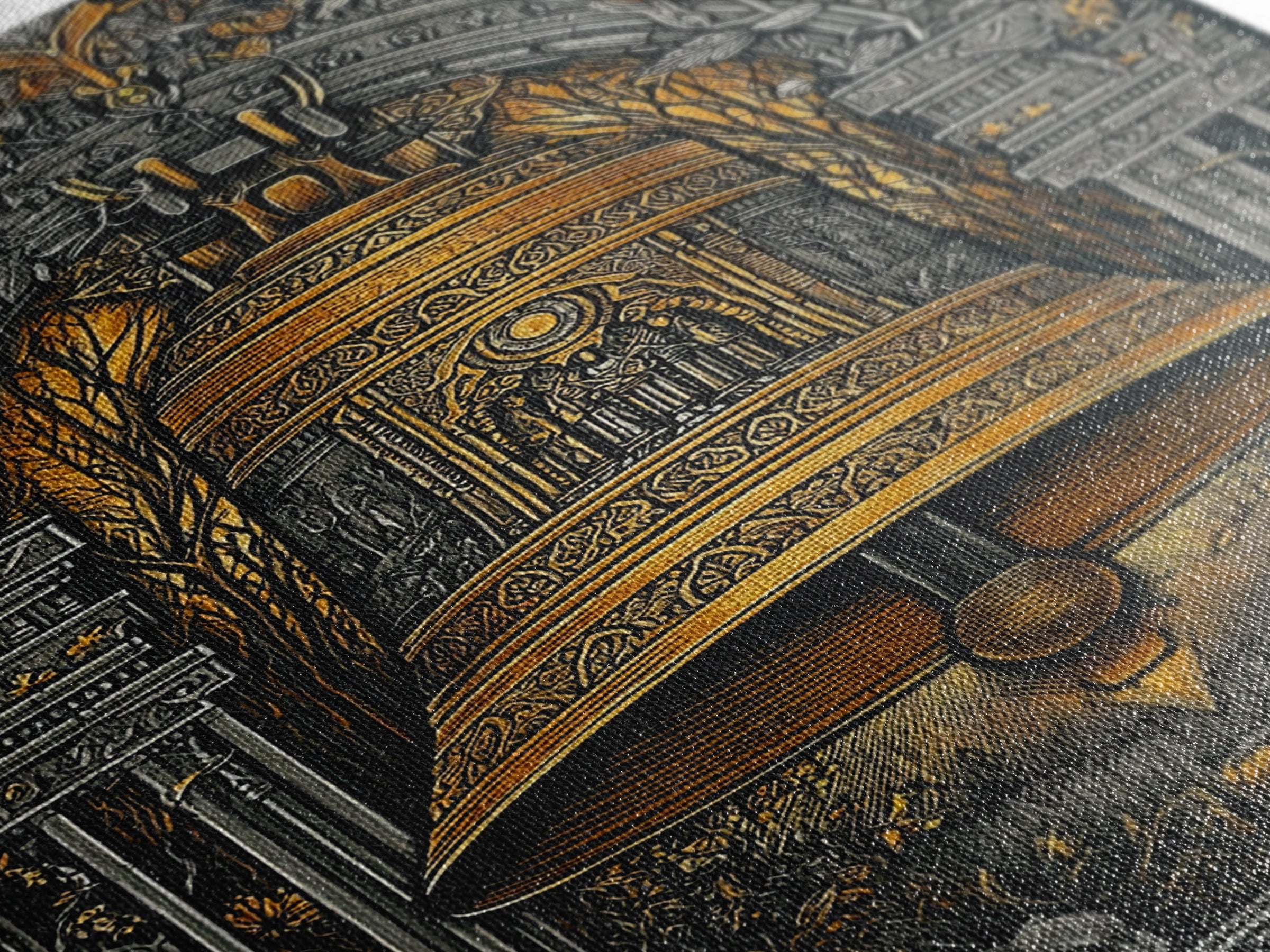 Ornate Golden Bell with Wolves – Canvas Gold Canvas Print – Fantasy Architectural Wall Art with Real Wood Frame