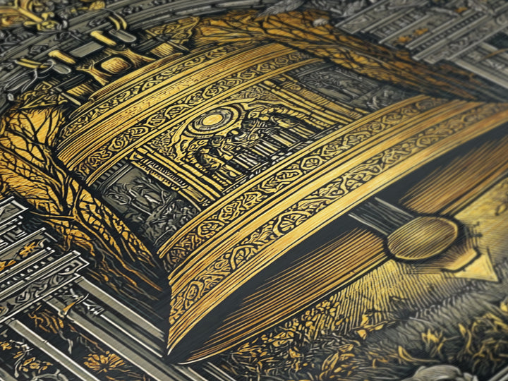 Ornate Golden Bell with Wolves – Metallic Gold Metal Print – Fantasy Architectural Wall Art with Real Wood Frame