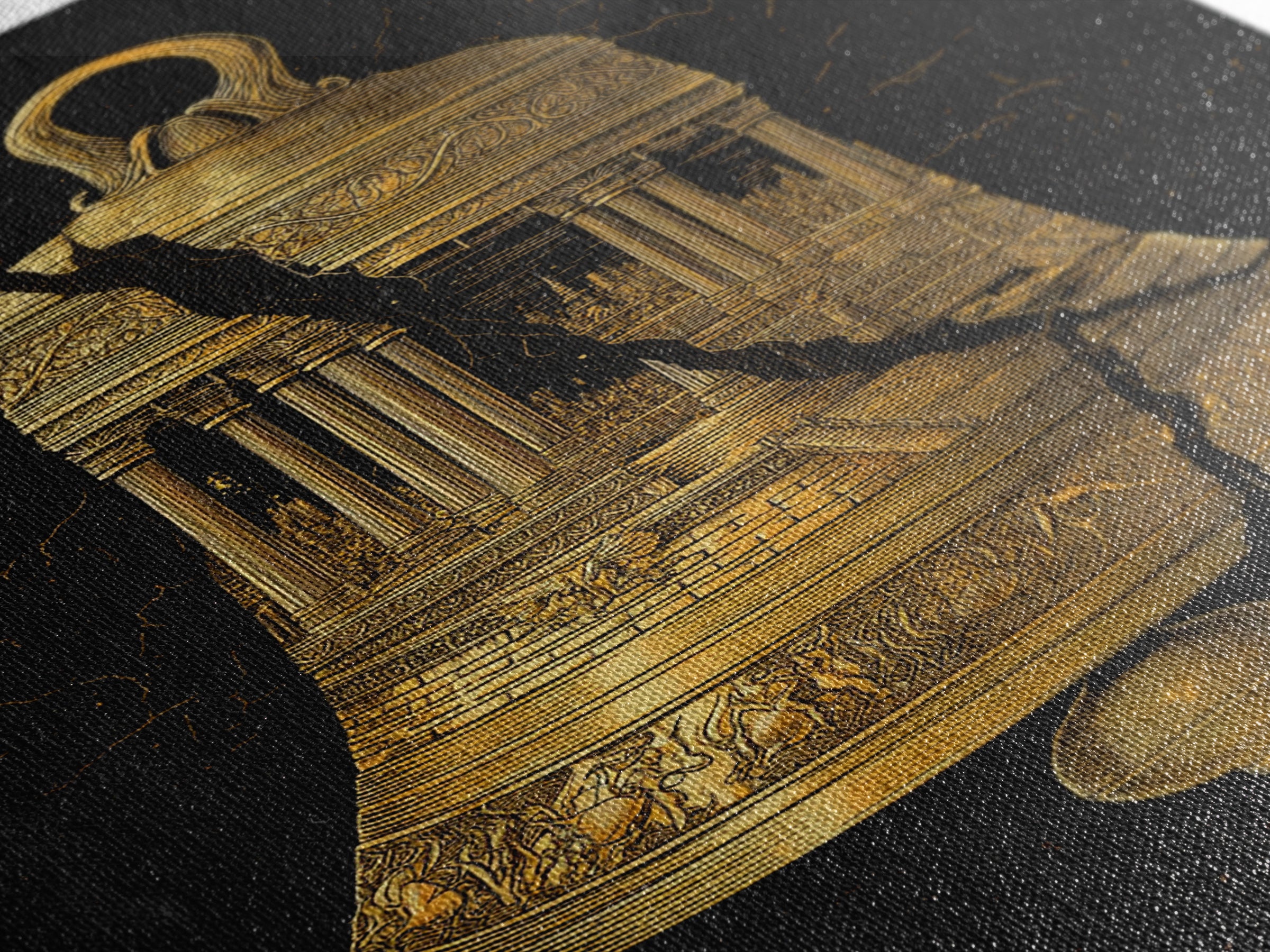 Cracked Temple Bell – Canvas Gold Canvas Print – Ancient Ruins Wall Art with Real Wood Frame for History and Myth Lovers