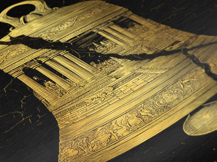 Cracked Temple Bell – Metallic Gold Metal Print – Ancient Ruins Wall Art with Real Wood Frame for History and Myth Lovers