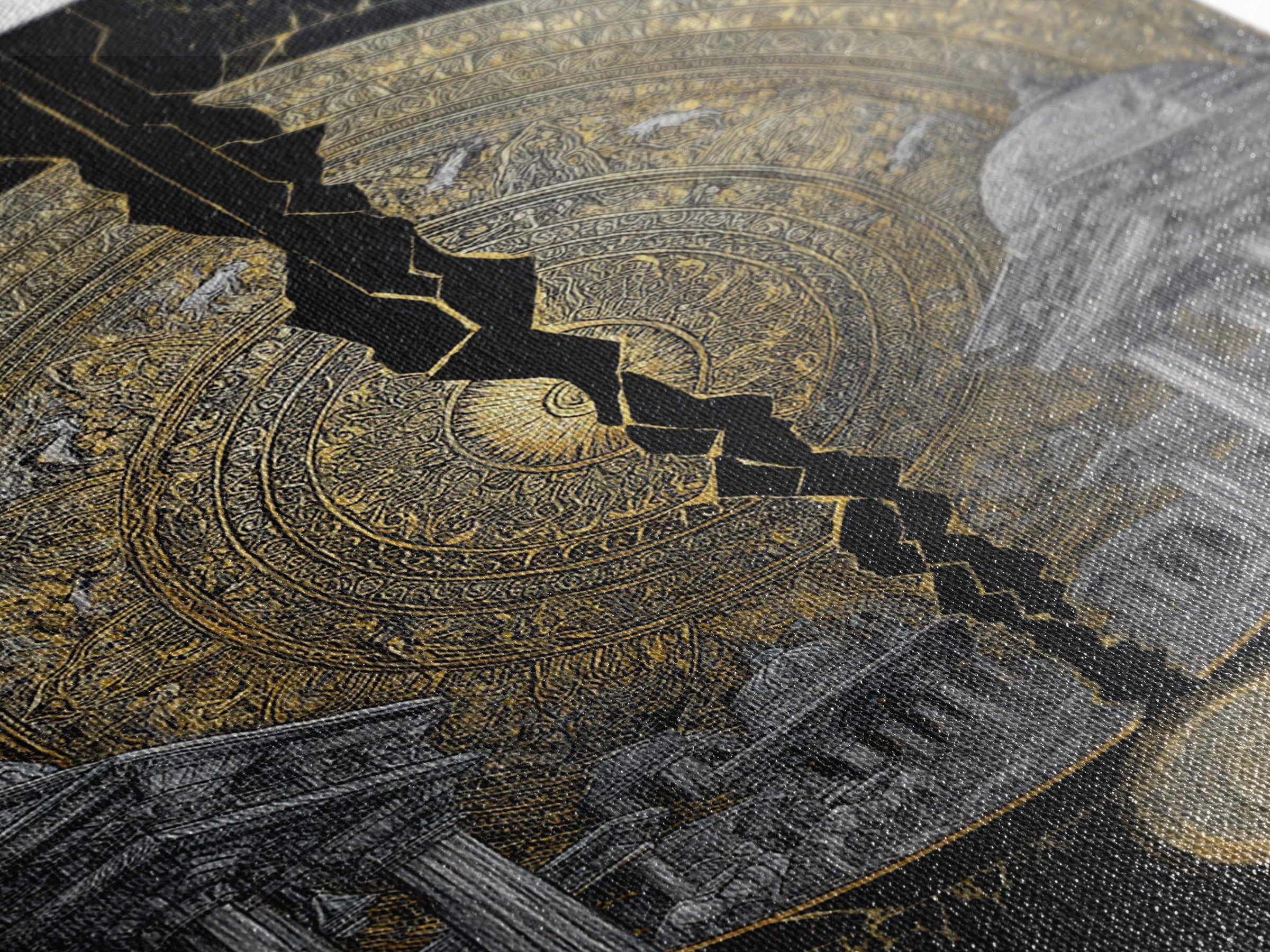 Cracked Golden Mandala Temple – Canvas Gold Canvas Print – Intricate Ancient Architecture Wall Art with Real Wood Frame