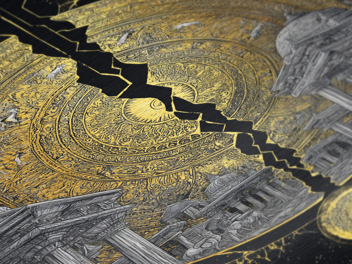 Cracked Golden Mandala Temple – Metallic Gold Metal Print – Intricate Ancient Architecture Wall Art with Real Wood Frame