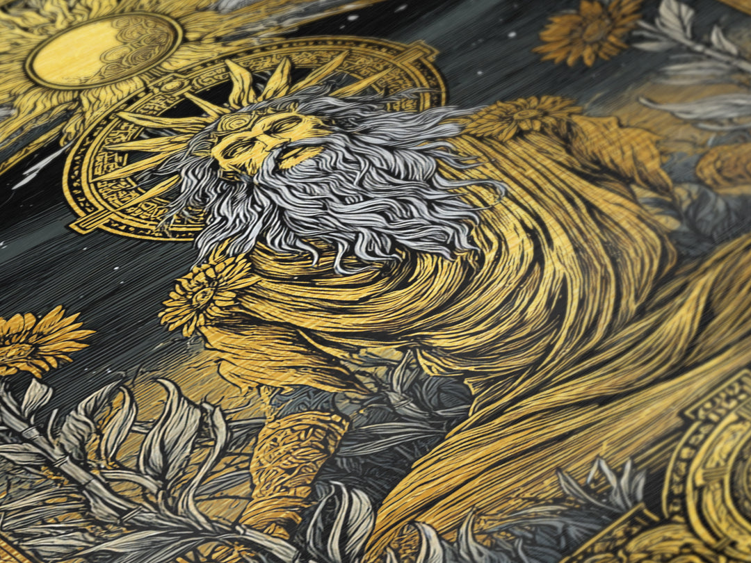 Greek Sun God Illustration, Metallic Gold Metal Print, Mythology Wall Art, Real Wood Frame Decor, Luxury Ancient Artwork