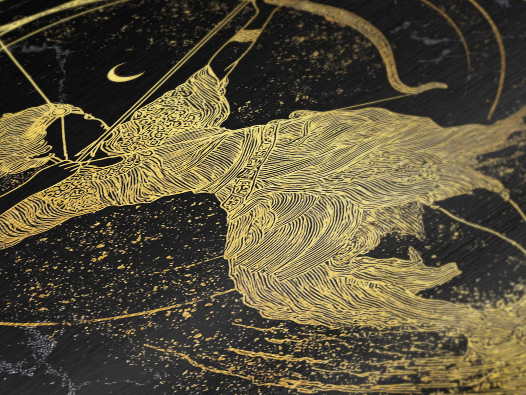 Divine Archer Artemis Illustration, Metallic Gold Metal Print, Real Wood Frame, Greek Goddess Wall Hanging, Myth Art Decor