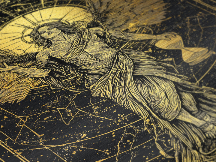 Astraeus God Of Dusk Mythological Figure, Metallic Gold Metal Print, Real Wood Frame, Greek Titan Wall Decor, Celestial Art