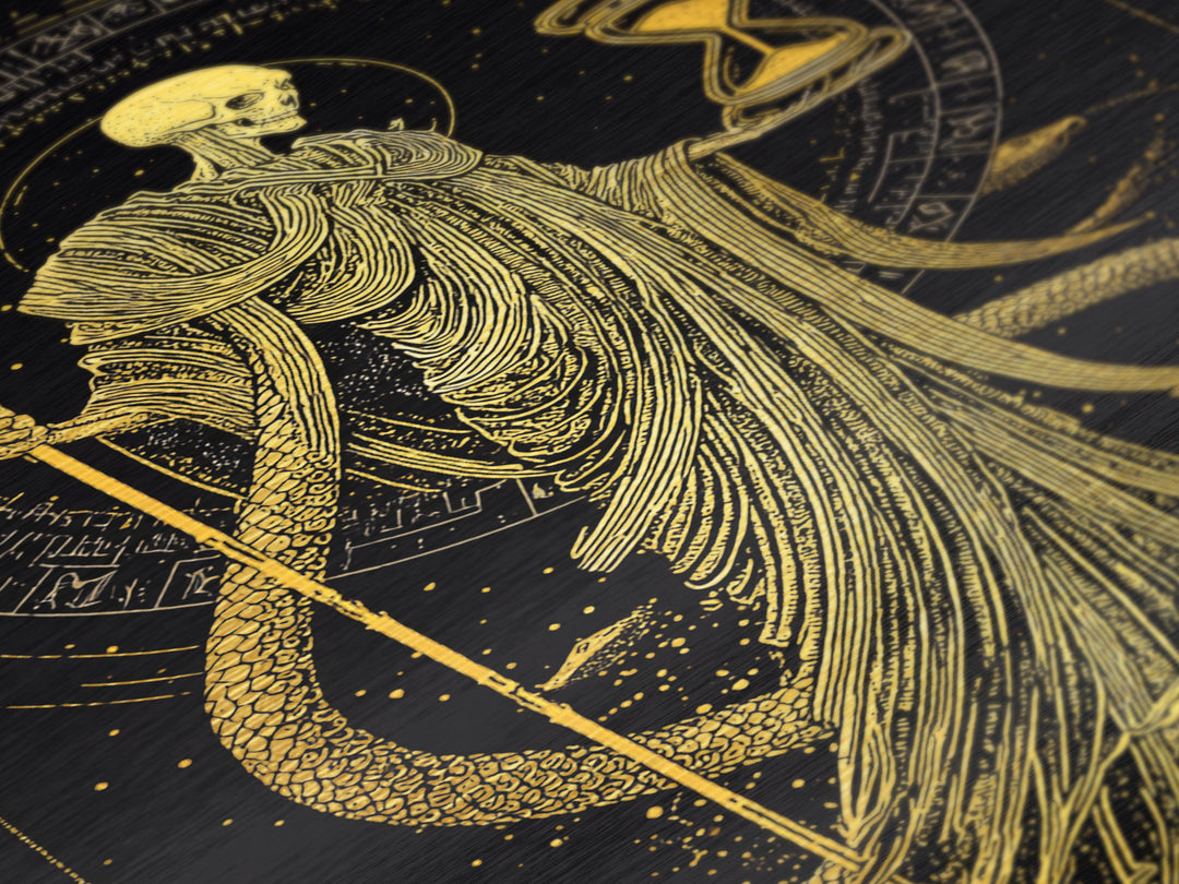 Chronos Metallic Gold Metal Print, Mythological Skeleton Holding Hourglass, Esoteric Wall Art, Real Wood Framed Artwork