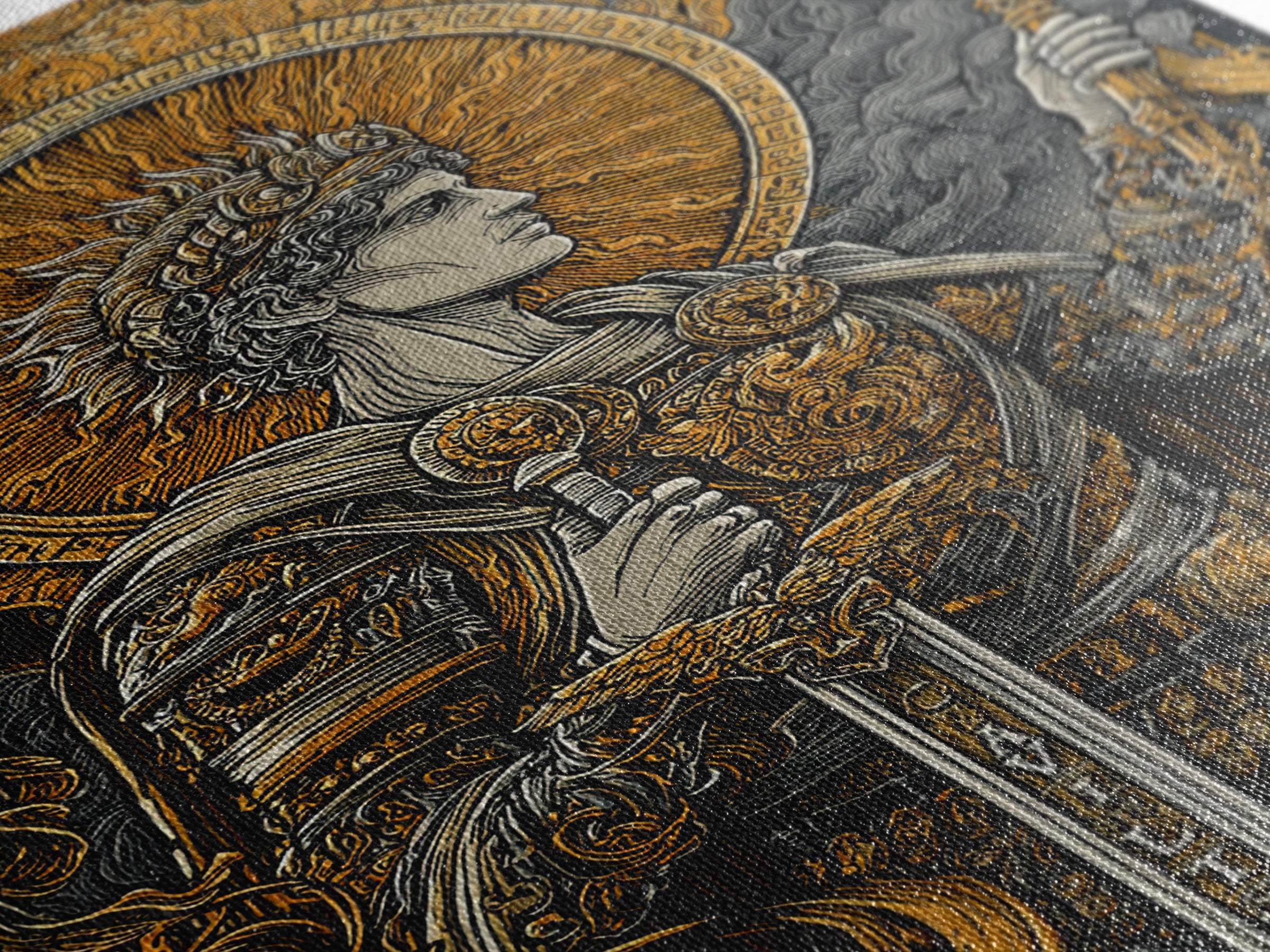 Classical Warrior God Artwork, Canvas Gold Canvas Print, Mythology Wall Art, Ancient Roman Style, Real Wood Frame Decor